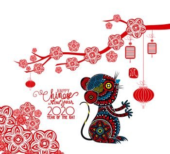 Happy Chinese new year 2020 card year of rat (hieroglyph Rat)