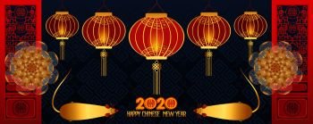 Happy chinese new year 2020 Zodiac sign with gold paper cut art and craft style on color Background 