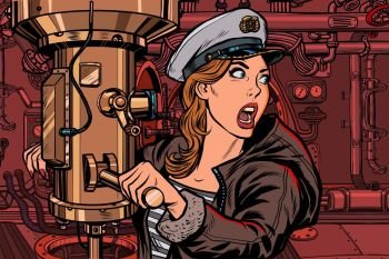 submarine a woman captain, battle alert. Pop art retro vector illustration vintage kitsch. submarine a woman captain, battle alert