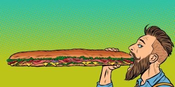 man eats a long sandwich. Pop art retro vector stock illustration drawing. man eats a long sandwich