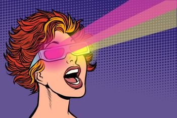Woman in movie stereo glasses. Pop art retro vector illustration drawing. Woman in movie stereo glasses