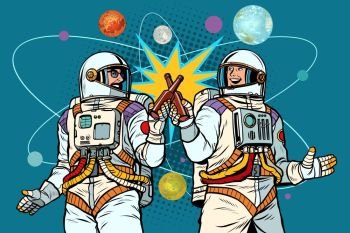 a bottle of beer cheers. two friends of the astronaut celebrate scientific achievements in space. cosmonautics day. Pop art retro vector illustration drawing vintage kitsch. a bottle of beer cheers. two friends of the astronaut celebrate scientific achievements in space. cosmonautics day