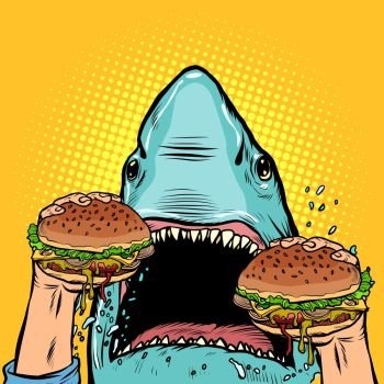 Hungry shark eat the Burger. Pop art retro vector illustration drawing. Hungry shark eat the Burger