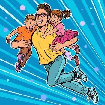 dad superhero flies and carries his daughter and son in his arms. paternity. Pop art retro vector illustration kitsch vintage. dad superhero flies and carries his daughter and son in his arms. paternity