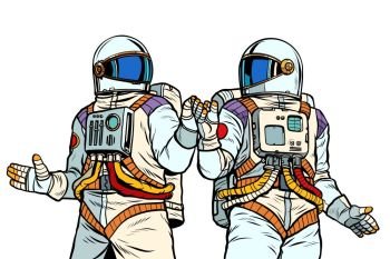 Two astronaut friends. Pop art retro vector illustration drawing vintage kitsch. Two astronaut friends