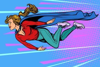 woman superhero flies. female power. pop art retro vector illustration kitsch vintage drawing 50s 60s. woman superhero flies. female power
