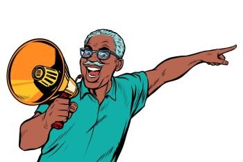 african elderly man with a megaphone. Pop art retro vector illustration drawing vintage kitsch. african elderly man with a megaphone