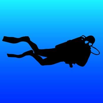 Black silhouette scuba divers on blue background.. Black silhouette scuba divers on blue background