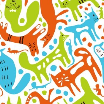 Vector seamless pattern with cats and mice. Childish nursering pattern in scandinavian style.