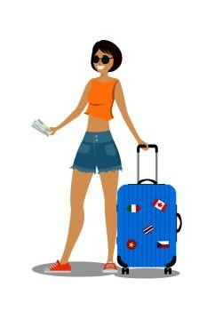 Cartoon caucasian female passenger with modern suitcase.Isolated on white background Vector illustration.. Cartoon caucasian female passenger with modern suitcase