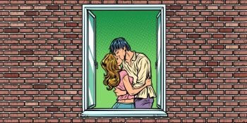 loving couple man and woman kissing in the window. Comic cartoon pop art retro illustration drawing. loving couple man and woman kissing in the window