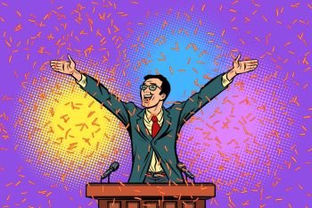 Politician candidate speaker triumph victory. Comic cartoon pop art retro vector illustration drawing. Politician candidate speaker triumph victory