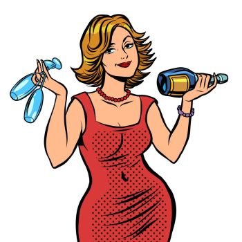 woman with a bottle of wine. Comic cartoon pop art retro vector drawing illustration. woman with a bottle of wine