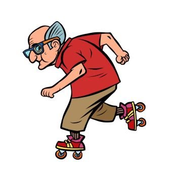 Active sports old man on roller skates. Comic cartoon pop art retro vector illustration drawing. Active sports old man on roller skates