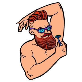 bearded hipster man shaves his armpit with a razor. Comic cartoon pop art retro illustration drawing. bearded hipster man shaves his armpit with a razor