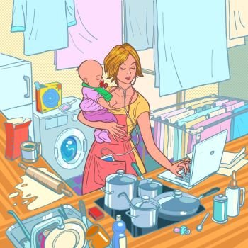 Modern mother with child. Remote work and household chores. Kitchen, cooking, washing, laptop computer, listening to music. Caring for infants. Comic cartoon pop art retro vector illustration drawing. Modern mother with child. Motherhood of a strong woman