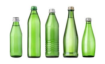 set of green Glass bottles of soda water. Isolated on white background