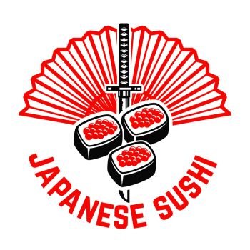 Sushi shop emblem template. Design element for logo, label, sign, poster. Vector illustration