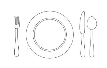 Utensil line illustration. Contours of plate, knife, fork and spoon. Utensil line illustration