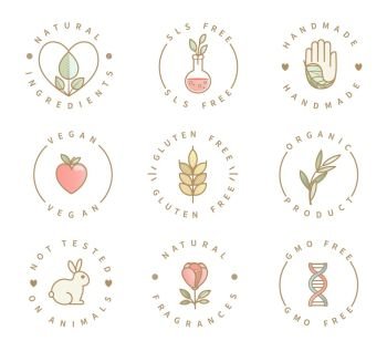 Set of eco product logos, natural organic healthy food and drink icons,labels for restaurant menu, packaging,packing.Healthy lifestyle. Handmade, gluten, sls and gmo free, not tested on animals.Vector. Set of eco product logos, natural organic icons.