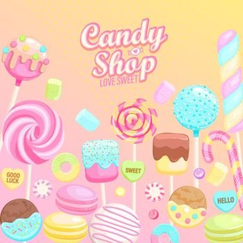 Candy shop inviting banner. Isolated sweets -candy,macaroon,candy cane,lollipop,caramel,marmalade.Template for confectionery,sweet shops and poster,advertise for candyshops. Vector illustration. Candy shop inviting banner.