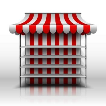 Empty market stall. Kiosk with striped awning vector template. Illustration of market kiosk with awning, retail and store street. Empty market stall. Kiosk with striped awning vector template
