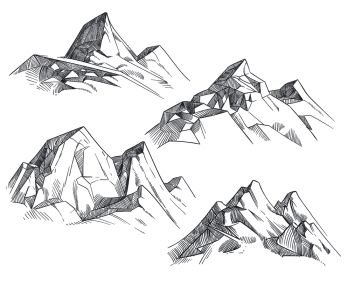 Hand drawing mountain peaks isolated retro etching sketch vector illustration. Sketch drawing peak line. engraving graphic landscape. Hand drawing mountain peaks isolated retro etching sketch vector illustration