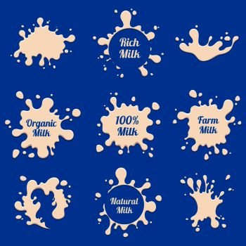 Milk splashes vector labels. Farm fresh dairy product advertising badges. Milk farm drink, splash label for package illustration. Milk splashes vector labels. Farm fresh dairy product advertising badges