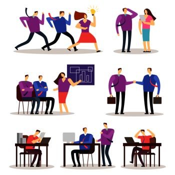 Working people vector cartoon characters. Women and men business people acting in various situation. Group woman and man in office, organization worker illustration. Working people vector cartoon characters. Women and men business people acting in various situation