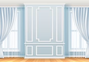 Classic interior. White wall with moulding frames and window. Home room vintage vector decoration. Interior molding wall elegance background illustration. Classic interior. White wall with moulding frames and window. Home room vintage vector decoration