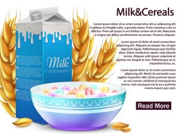 Milk and cereals realistic objects. Healthy breakfast vector concept for banner, background, web page illustration. Milk and cereals Healthy breakfast vector