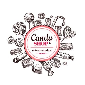Candy shop background. Sketch chocolate candy, lollipop and marmalade sweets, hand drawn vector label. Illustration of candy shop, sweet and tasty emblem. Candy shop background. Sketch chocolate candy, lollipop and marmalade sweets, hand drawn vector label
