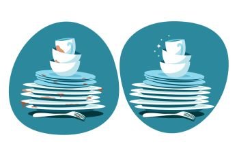 Clean and dirty dishes. Kitchen plates before and after washing. Kitchen utensils wash vector concept. Dirty plate dish, unwashed, dinnerware illustration. Clean and dirty dishes. Kitchen plates before and after washing. Kitchen utensils wash vector concept