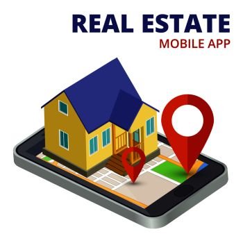 Isometric real estate mobile app with phone and 3d house vector. Illustration of real estate mobile app. Isometric real estate mobile app with phone and 3d house vector