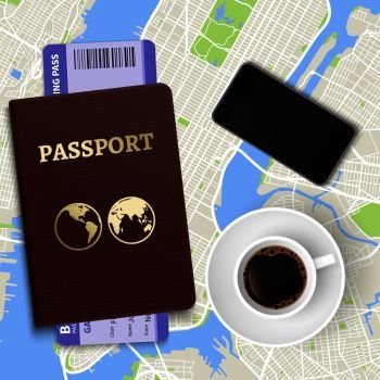 Travel vector concept. Top view coffee, map and passport with tickets. Illustration of vacation and travel, tourism and trip. Travel vector concept. Top view coffee, map and passport with tickets