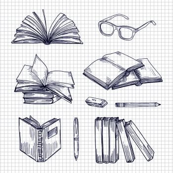 Sketch books and stationery. Vintage library doodle vector collection. Illustration of stationery book and notebook paper, pen and glasses. Sketch books and stationery. Vintage library doodle vector collection