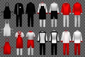 Culinary clothing. Chef uniform, kitchen textile clothes vector isolated set. Cloth for waiter apron clothing, fashion outfit uniform for kitchen illustration. Culinary clothing. Chef uniform, kitchen textile clothes vector isolated set