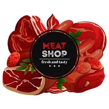 Meat shop emblem design with different meat products vector illustration isolated on white background. Meat shop emblem with meat products vector illustration