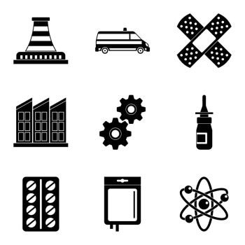 Chemical factory icons set. Simple set of 9 chemical factory vector icons for web isolated on white background. Chemical factory icons set, simple style