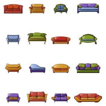 Sofa chair room couch icons set. Cartoon illustration of 16 sofa chair room couch icons for web. Sofa chair room couch icons set, cartoon style