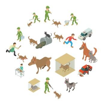 Stray animals icons set. Isometric illustration of 16 stray animals vector icons for web. Stray animals icons set, isometric style