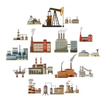 Factory icons set in cartoon style. Industrial building set collection vector illustration. Factory icons set, cartoon style