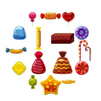 Sweets cakes icons set. Cartoon illustration of 16 sweets and cakes vector icons for web. Sweets cakes icons set, cartoon style