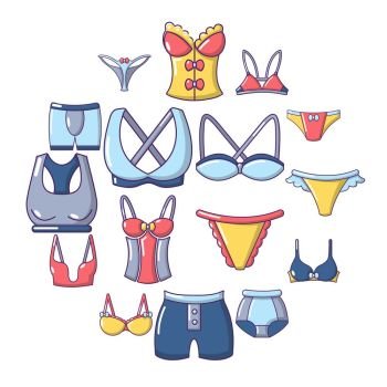Underwear types icons set. Cartoon illustration of 16 underwear types vector icons for web. Underwear types icons set, cartoon style