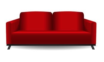Red sofa mockup. Realistic illustration of red sofa vector mockup for web design isolated on white background. Red sofa mockup, realistic style