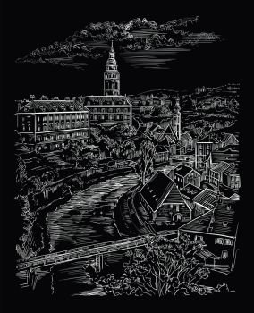 Vector hand drawing Illustration of panoramic cityscape of Cesky Krumlov. Aerial View on roofs, castle and river. Landmark of Czech Republic. Vector illustration in white color isolated on black background.
