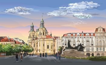Colorful vector hand drawing Illustration. Cityscape of St. Nicholas church and Jan Hus Memorial. 
Landmark of Prague, Czech Republic. Colorful vector illustration of landmark of Prague.
