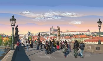 Colorful vector hand drawing Illustration of Charles Bridge and panorama of  Prague. Landmark of Prague, Czech Republic.Colorful vector illustration of landmark of Prague.
