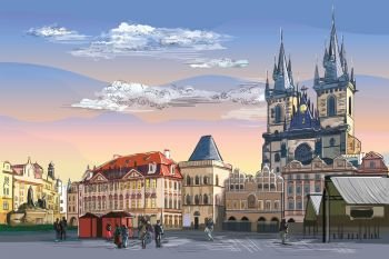 Colorful vector hand drawing Illustration. Cityscape of Old Town Square and Tyn Church. 
Landmark of Prague, Czech Republic. Vector illustration of landmark of Prague.
