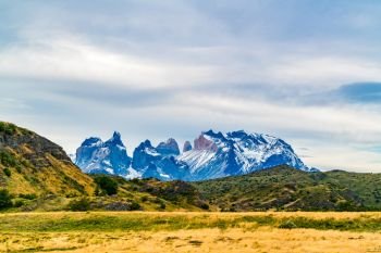 Scenic view of beautiful Cuernos del Paine mountains in Torres del Paine National Park in Chile